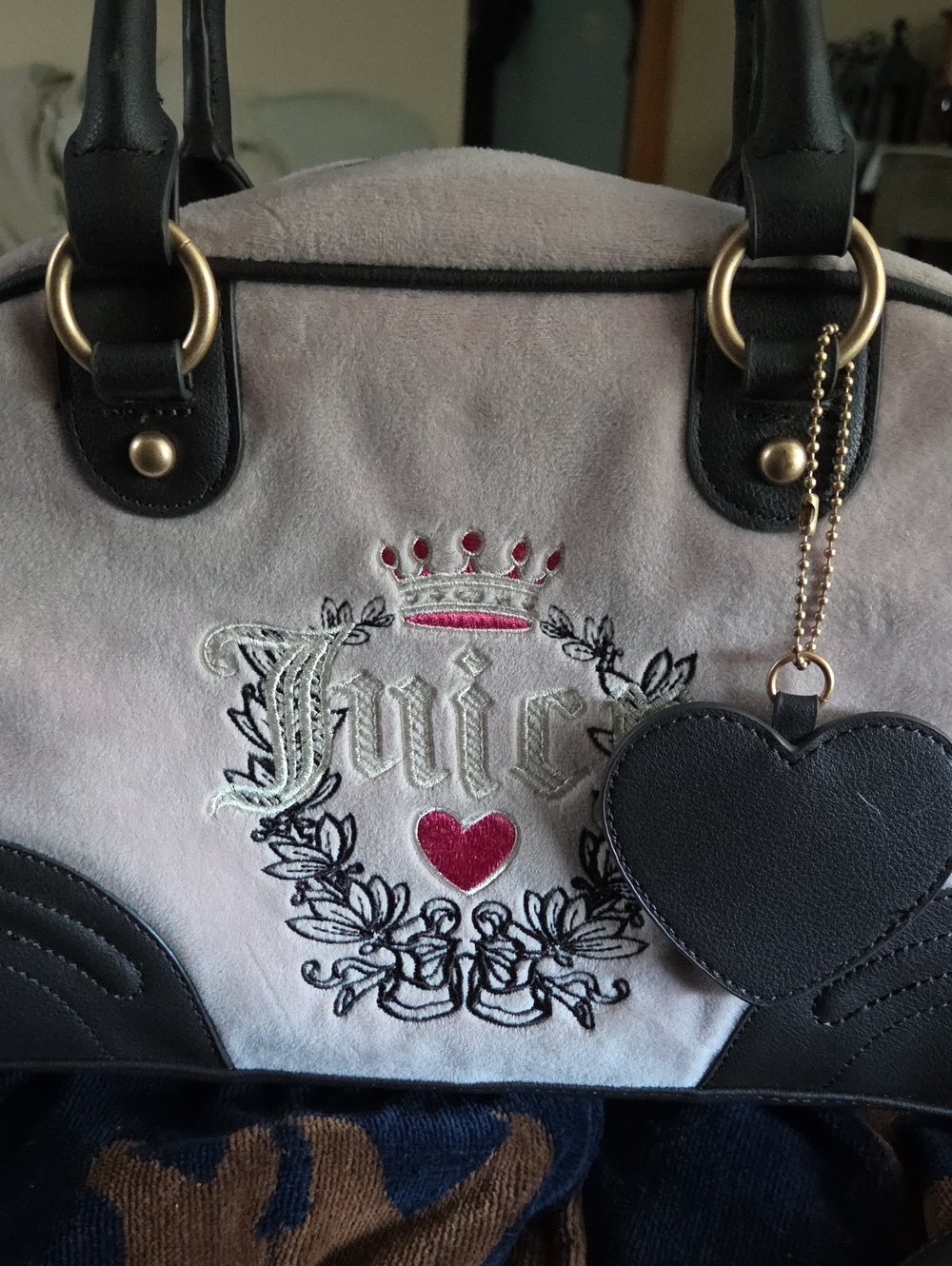 Juicy Couture Pink Velvet Satchel with Black Trim and Heart Charm